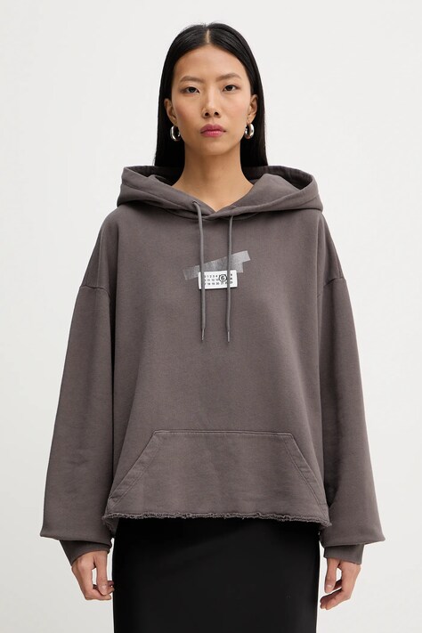 Βαμβακερή μπλούζα MM6 Maison Margiela γυναικεία, χρώμα: γκρι, με κουκούλα, S62GU0142.M25024.810