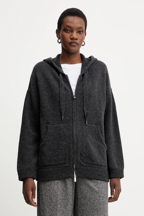 Vunena dukserica Marella za žene, boja: siva, s kapuljačom, melanž, 2523906015200