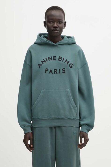 Anine Bing bluza bawełniana harvey damska kolor zielony z kapturem z aplikacją A.08.11526