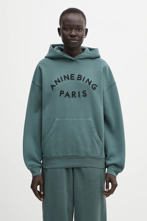 Anine Bing bluza bawełniana harvey damska kolor zielony z kapturem z aplikacją A.08.11526