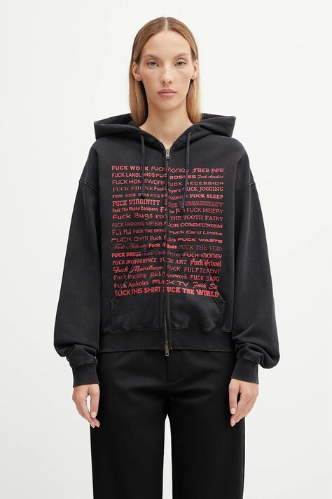 VETEMENTS bluza bawełniana Fuck Fitted Zip-Up damska kolor czarny z kapturem z nadrukiem UH76ZU660B