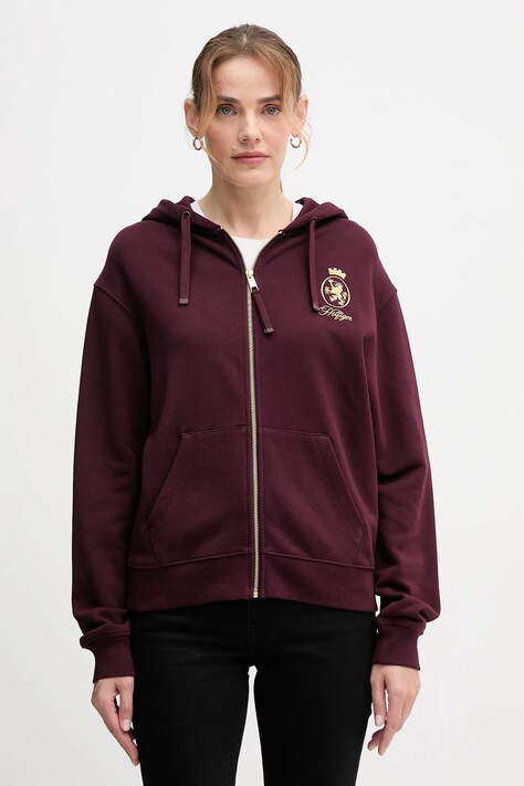 Tommy Hilfiger bluza bawełniana damska kolor bordowy z kapturem z aplikacją WW0WW46126