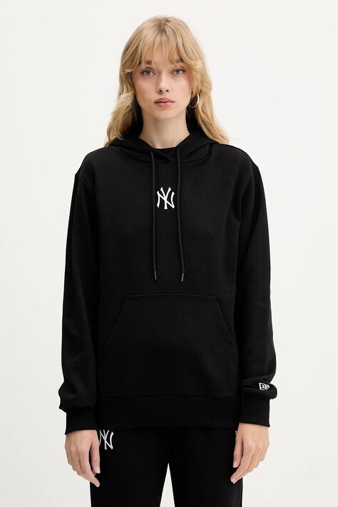 New Era bluza damska kolor czarny z kapturem z aplikacją 60684415
