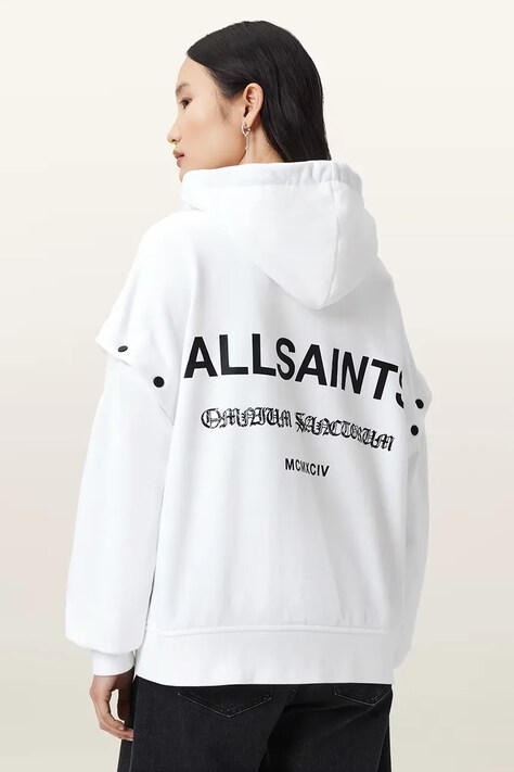 AllSaints bluza bawełniana OMNIUM damska kolor biały z kapturem gładka W268JB