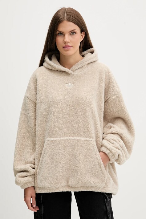 adidas Originals bluza polarowa Teddy damska kolor beżowy z kapturem z aplikacją JW6061