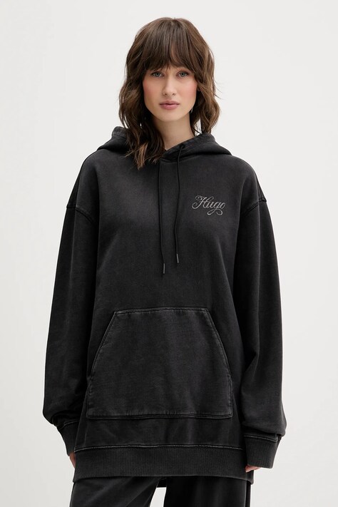 Pamučna dukserica Hugo Blue za žene, boja: siva, s kapuljačom, s aplikacijom, 50547955