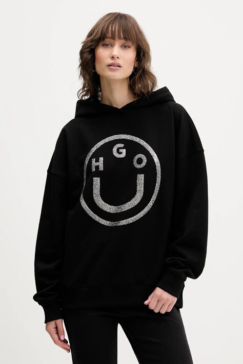 Hugo Blue bluza bawełniana damska kolor czarny z kapturem z nadrukiem 50550709