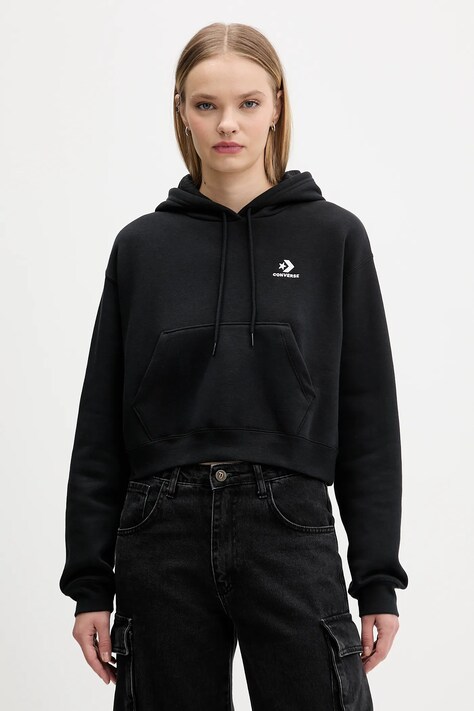 Converse bluză culoarea negru, cu glugă, uni, CVW5K527