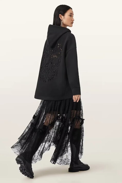 AllSaints bluza z bawełną CRANEO damska kolor czarny z kapturem z aplikacją W064JD