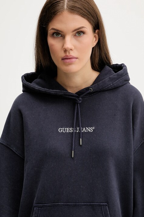 Хлопковая кофта Guess Jeans цвет синий с капюшоном с аппликацией W5BQ15 KCPR1