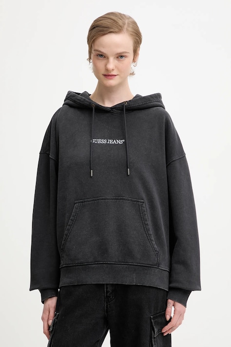 Βαμβακερή μπλούζα Guess Jeans γυναικεία, χρώμα: μαύρο, με κουκούλα, W5BQ15 KCPR1