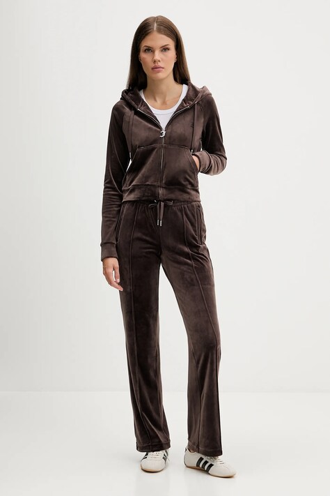 Juicy Couture bluza welurowa damska kolor brązowy z kapturem gładka JCWAS225306