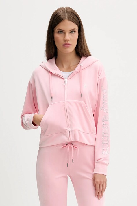 Velurová mikina Juicy Couture dámská, růžová barva, s kapucí, hladká, JCWAS225310