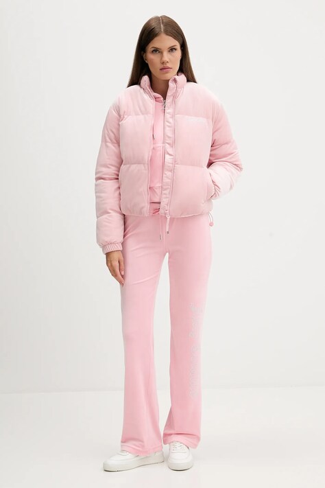Juicy Couture bluza welurowa damska kolor różowy z kapturem gładka JCWAS225310