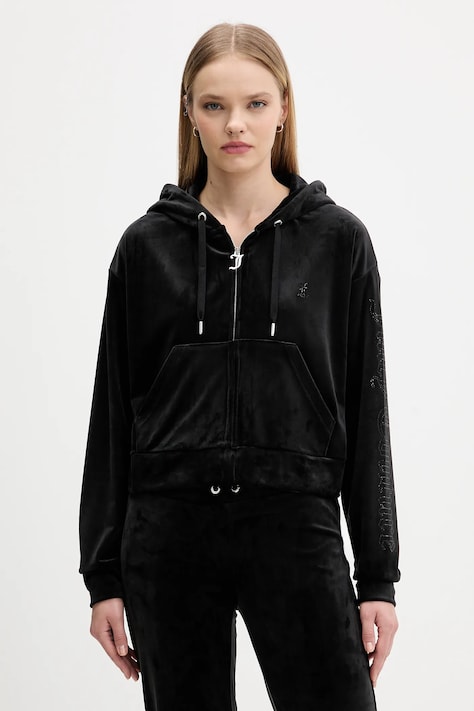 Juicy Couture bluză din velur culoarea negru, cu glugă, uni, JCWAS225310