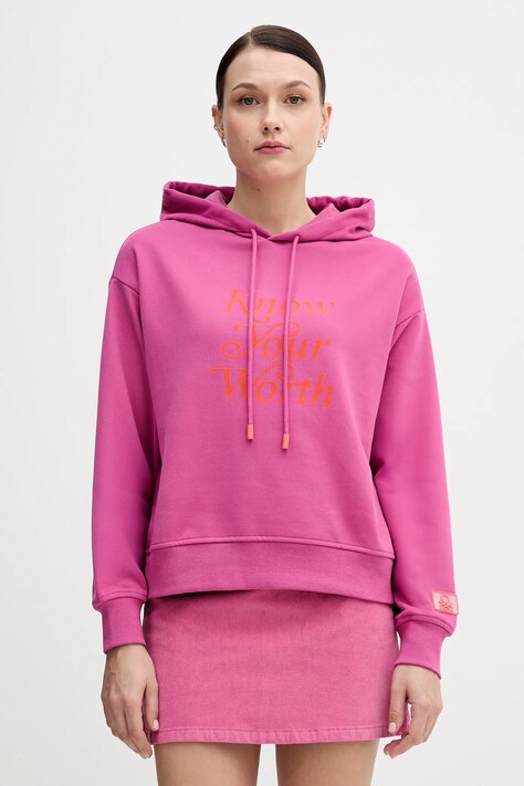 United Colors of Benetton bluza damska kolor różowy z kapturem z nadrukiem 3WNWD201C