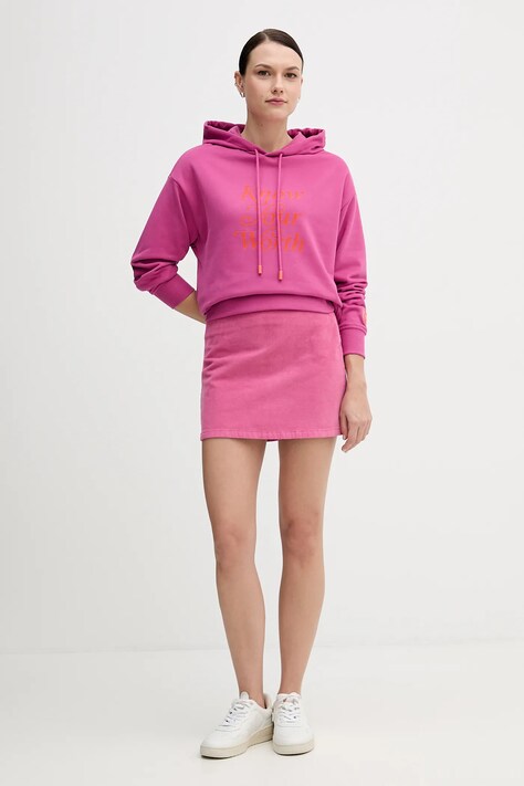 United Colors of Benetton bluza damska kolor różowy z kapturem z nadrukiem 3WNWD201C