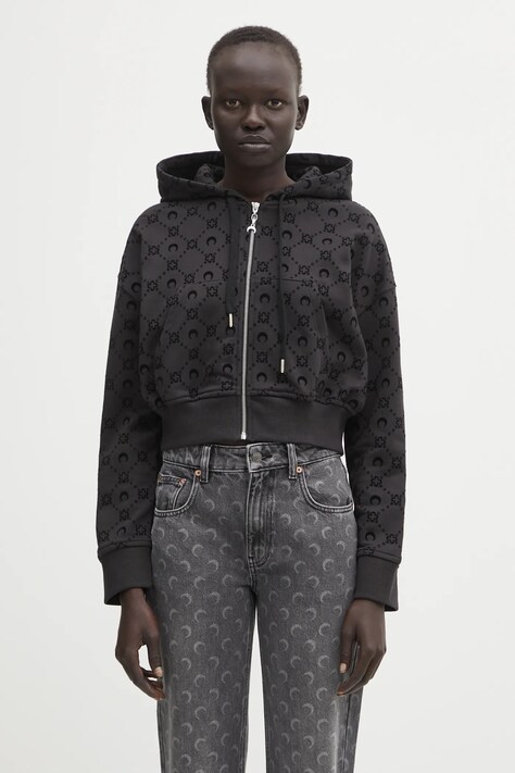Marine Serre bluza bawełniana Moonogram Flocked Fleece Cropped Zipped damska kolor czarny z kapturem wzorzysta WST019ACJER0089