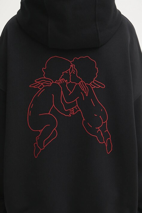 Pamučna dukserica Fiorucci Kissing Angels Love Print Relaxed za žene, boja: crna, s kapuljačom, s tiskom, W25FWSHO002CJ05BK01