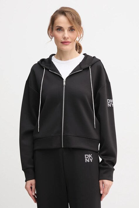 Dkny bluza KNIT JACKET damska kolor czarny z kapturem gładka P5ME7CNY