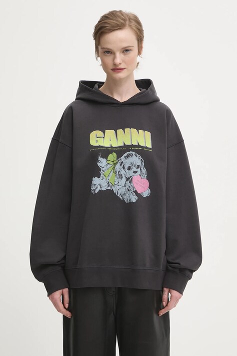 Хлопковая кофта GANNI Isoli Oversized цвет серый с капюшоном с принтом T4360