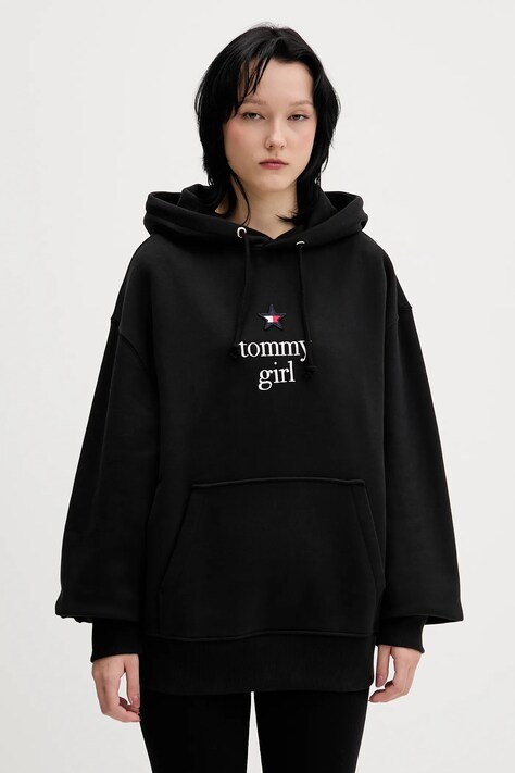 Tommy Jeans bluza bawełniana damska kolor czarny z kapturem z aplikacją DN0DN00099