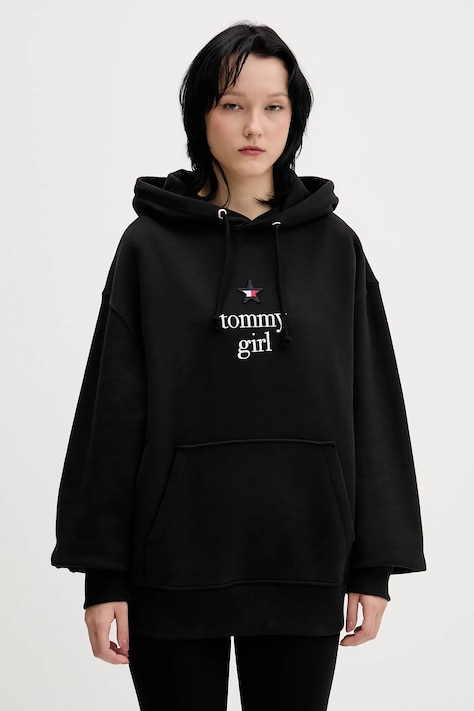 Tommy Jeans bluza bawełniana damska kolor czarny z kapturem z aplikacją DN0DN00099