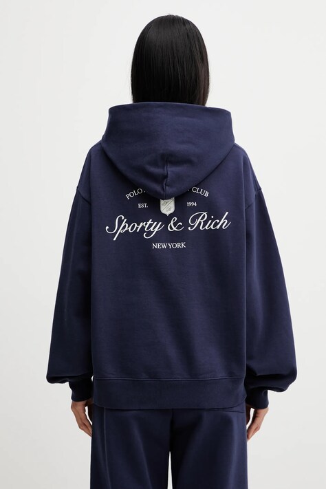 Sporty & Rich bluza bawełniana Syracuse damska kolor granatowy z kapturem z nadrukiem ST09166328BL106