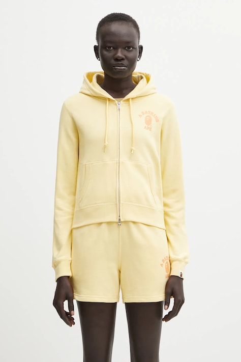 A Bathing Ape bluza bawełniana College Hoodie damska kolor żółty z kapturem gładka 1L30215009