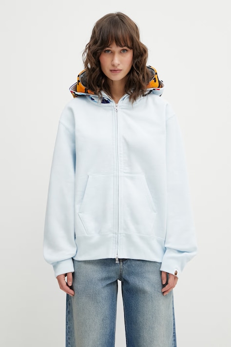 A Bathing Ape bluza bawełniana Milo Shark damska kolor niebieski z kapturem z aplikacją 002ZPL802013L