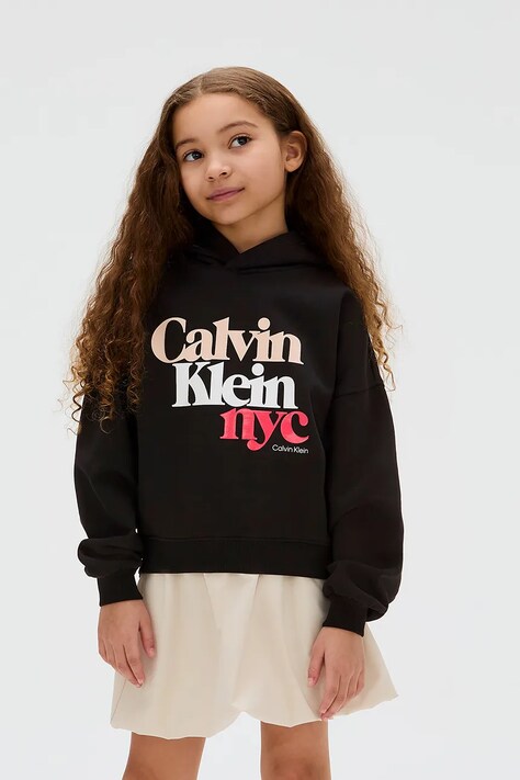 Calvin Klein Jeans bluza bawełniana dziecięca kolor czarny z kapturem z nadrukiem IG0IG02989