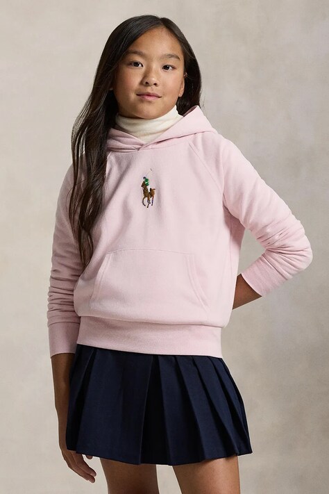 Polo Ralph Lauren hanorac de bumbac pentru copii culoarea roz, cu glugă, cu imprimeu, 313844838025