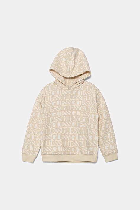 Guess hanorac de bumbac pentru copii culoarea bej, cu glugă, cu imprimeu, J5YQ02 KAD74