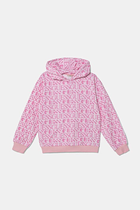 Guess hanorac de bumbac pentru copii culoarea roz, cu glugă, cu imprimeu, J5YQ02 KAD74