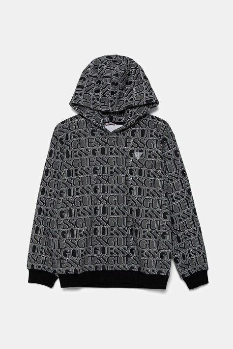 Guess hanorac de bumbac pentru copii culoarea negru, cu glugă, cu imprimeu, J5YQ02 KAD74