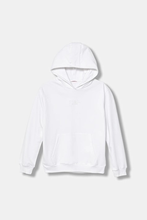 Guess bluza bawełniana dziecięca kolor biały z kapturem gładka J5YQ21 KAV34