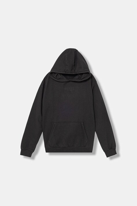 Guess bluza bawełniana dziecięca kolor czarny z kapturem gładka J5YQ21 KAV34