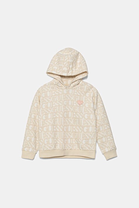 Guess hanorac de bumbac pentru copii culoarea bej, cu glugă, cu imprimeu, K5YQ03 KAD74