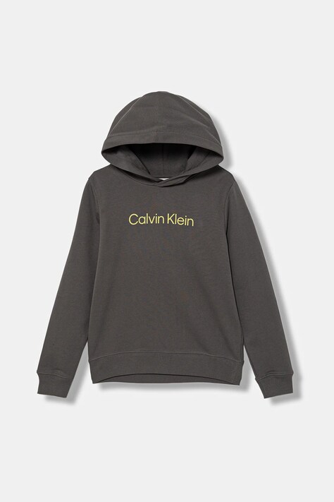 Дитяча бавовняна кофта Calvin Klein Jeans колір сірий з капюшоном з аплікацією IU0IU00679