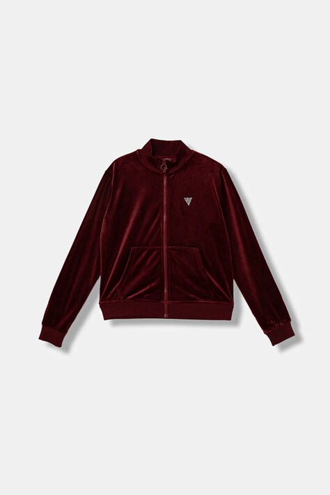 Guess bluza welurowa dziecięca kolor czerwony z kapturem z aplikacją J4RQ22 K0232