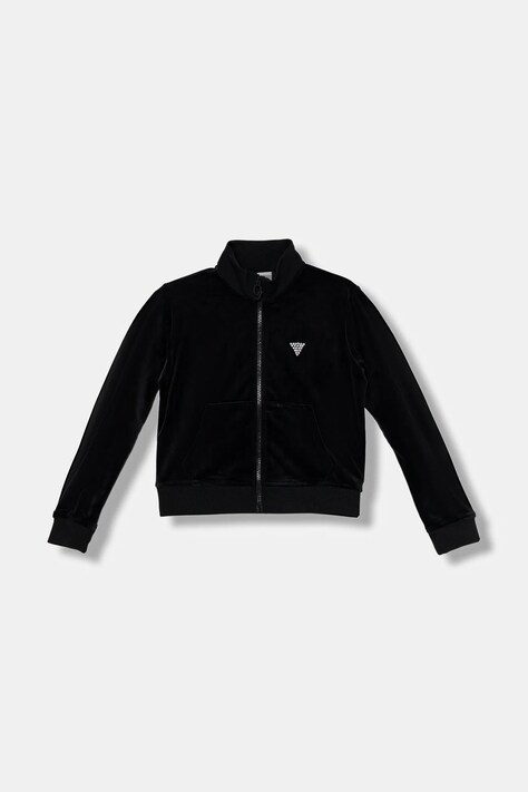 Guess bluza welurowa dziecięca kolor czarny z kapturem z aplikacją J4RQ22 K0232