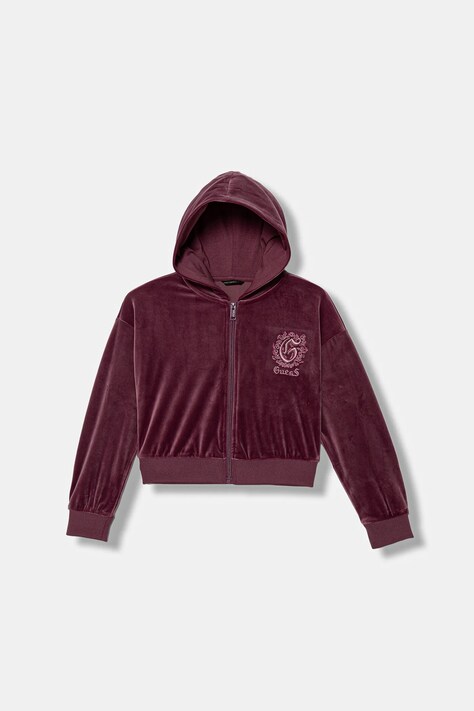 Guess bluza welurowa dziecięca kolor bordowy z kapturem z aplikacją J5BQ07 K0232