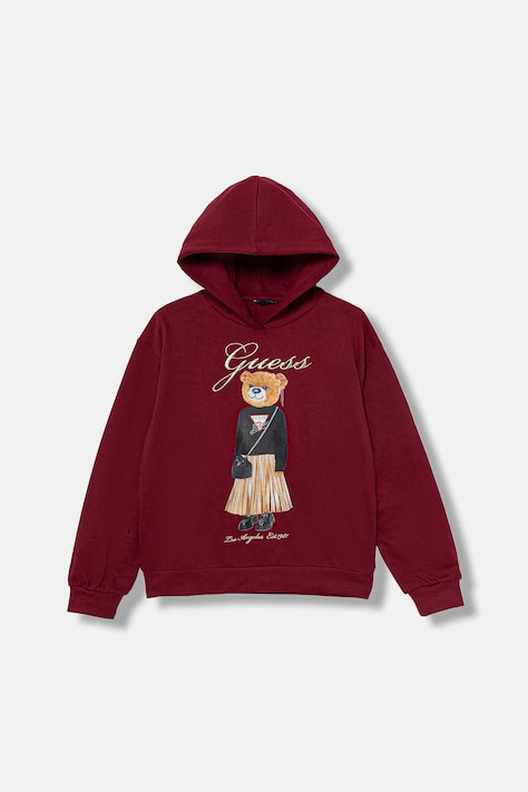 Guess hanorac de bumbac pentru copii culoarea bordo, cu glugă, uni, J5BQ26 KAD74