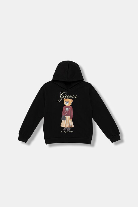 Guess bluza bawełniana dziecięca kolor czarny z kapturem gładka J5BQ26 KAD74