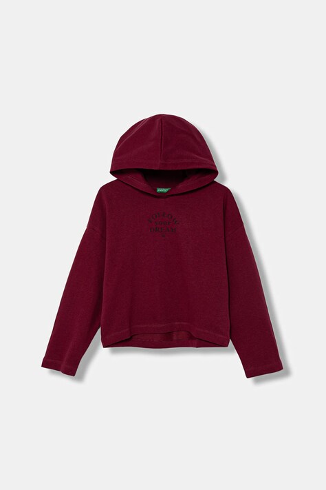 United Colors of Benetton bluza bawełniana dziecięca kolor bordowy z kapturem z nadrukiem 3NBMC2053