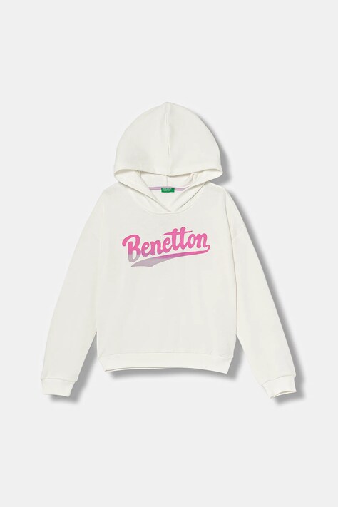 United Colors of Benetton bluza bawełniana dziecięca kolor biały z kapturem z nadrukiem 3J68C204W