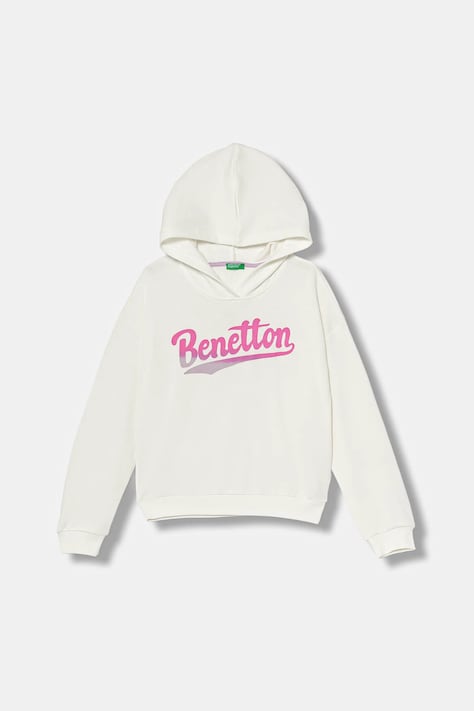 United Colors of Benetton bluza bawełniana dziecięca kolor biały z kapturem z nadrukiem 3J68C204W