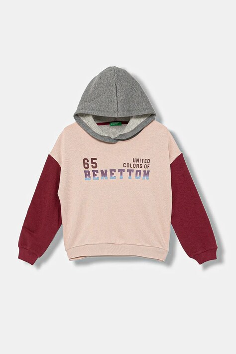 United Colors of Benetton bluza bawełniana dziecięca kolor różowy z kapturem z nadrukiem 3J68C204W
