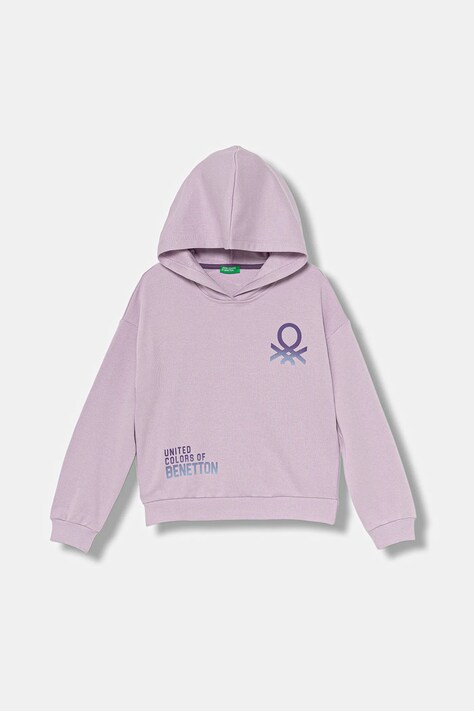 United Colors of Benetton bluza bawełniana dziecięca kolor fioletowy z kapturem z nadrukiem 3J68C204W