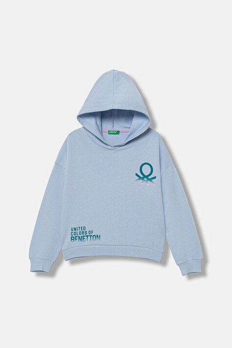 United Colors of Benetton bluza bawełniana dziecięca kolor niebieski z kapturem z nadrukiem 3J68C204W